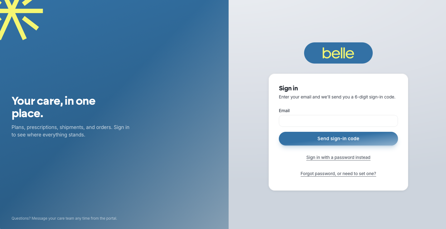 The new Belle portal login screen